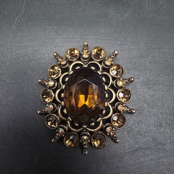 Chico's Bronze Tone Rhinestone Brooch Yellow Golden - Picture 1 of 7